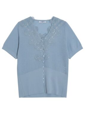 Magnolia Light Blue Beaded Sequin Floral Button Down Shirt